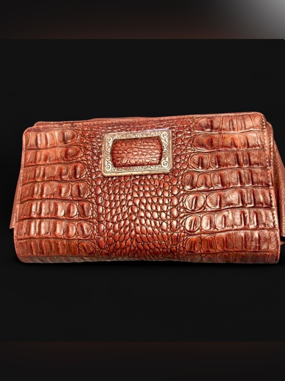 Brighton Vintage Carmel Brown Croc-Embossed Leather Clutch with Silver details